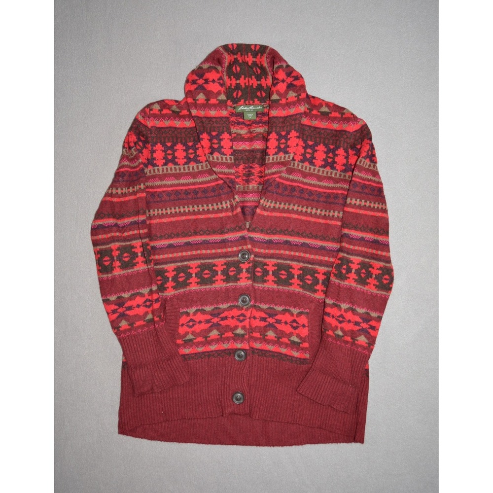 Eddie Bauer Sweater Womens Medium Red Wool Aztec Southwester Cardigan Fair Isle